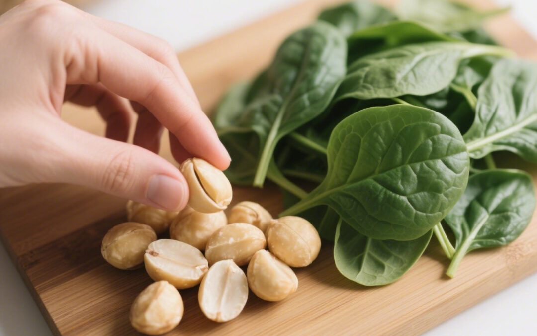 Tavola da cucina con noci di macadamia e spinaci e una mano che lavoro gli ingredienti.